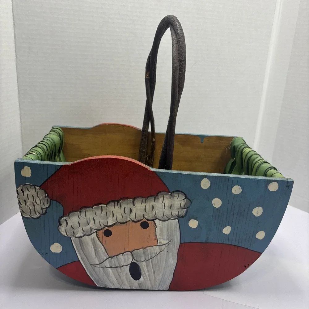 Large Vtg‎ Santa Basket Handmade Hand Painted Palm Branch Sturdy Card Holder